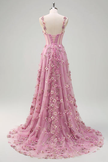 Taro A-Line Off The Shoulder Corset Slit Long Prom Dress With 3D Flowers